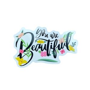 'You Are Beautiful' Floral Glossy Sticker - Black, Yellow, Pink, Green